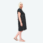 TAMSY Linen Open Neck Half Placket Spot Print Dress with Grown On Sleeve (Size S,8-10) - Black - White