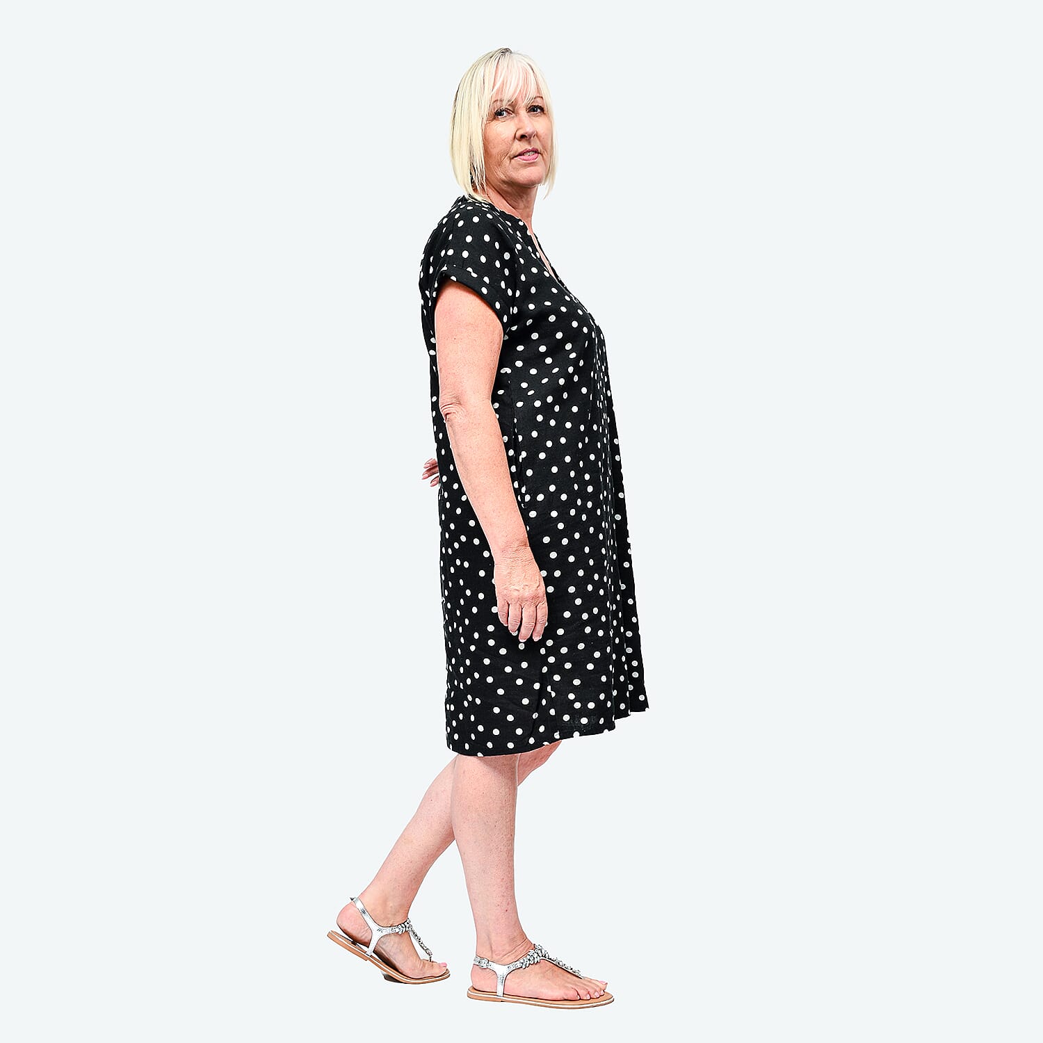 TAMSY Linen Open Neck Half Placket Spot Print Dress with Grown On Sleeve  - Black and White 8732648 2