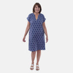 TAMSY Linen Blend Open Neck Half Placket Dress with Grown on Sleeve (Size L,16-18) - Navy - White