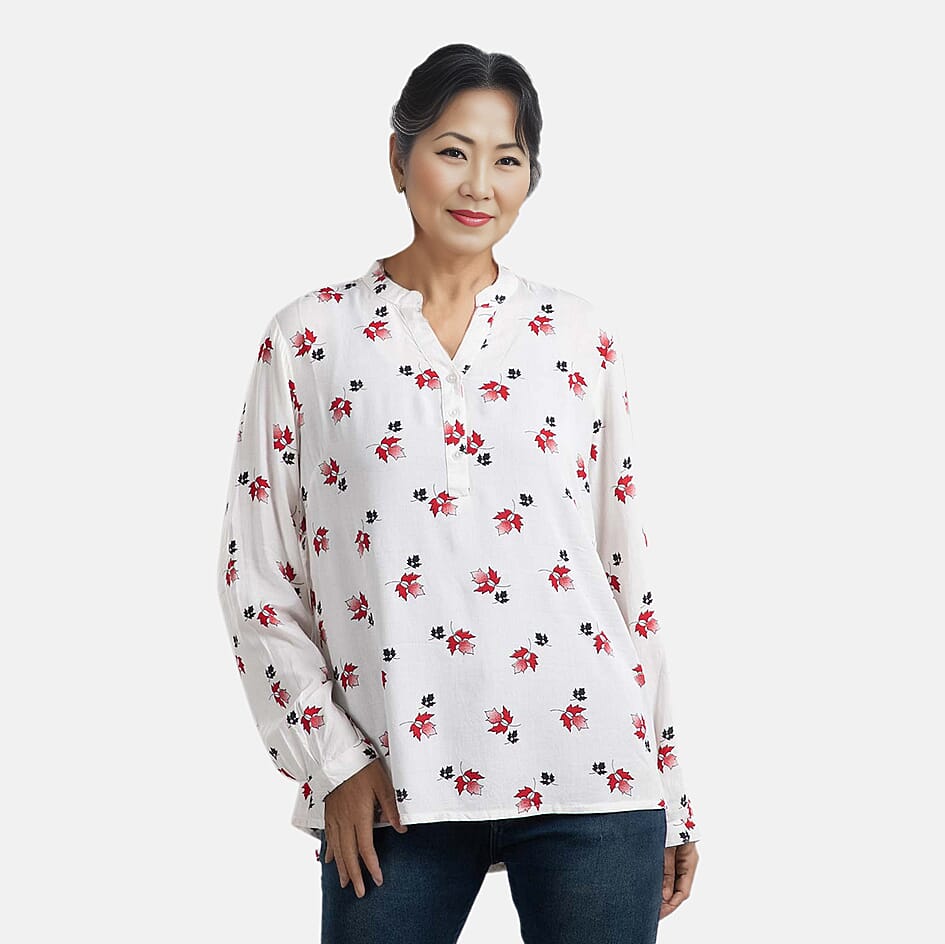 Tamsy Maple Leaf Pattern Long Sleeve Blouse - White 6701876 0