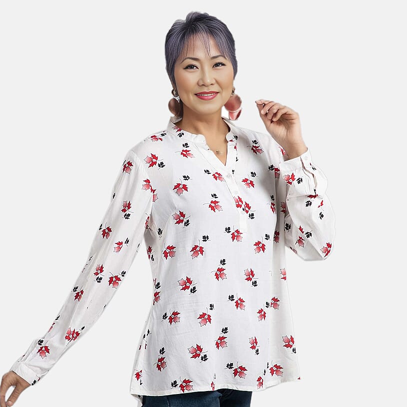 Tamsy Maple Leaf Pattern Long Sleeve Blouse - White 6701876 3