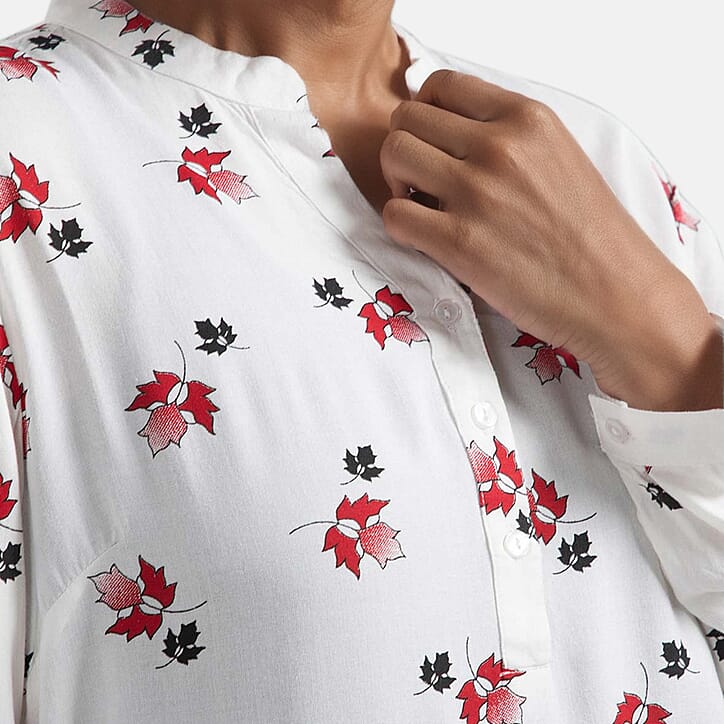 Tamsy Maple Leaf Pattern Long Sleeve Blouse - White 6701876 4