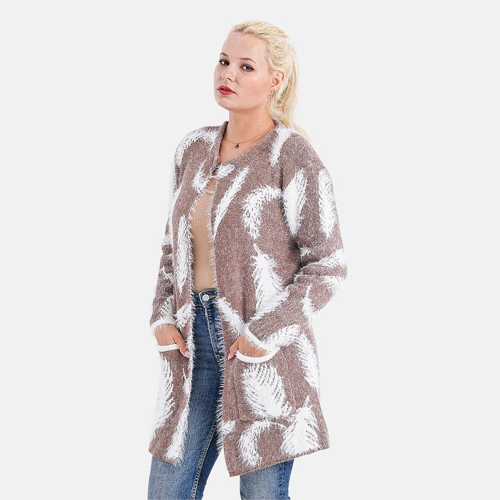 Tamsy Womens Feather Pattern Winter Cardigan Jacket (One Size, Fits 8-20) - Coffee - White 8197430 1