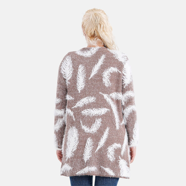 Tamsy Womens Feather Pattern Winter Cardigan Jacket (One Size, Fits 8-20) - Coffee - White 8197430 2