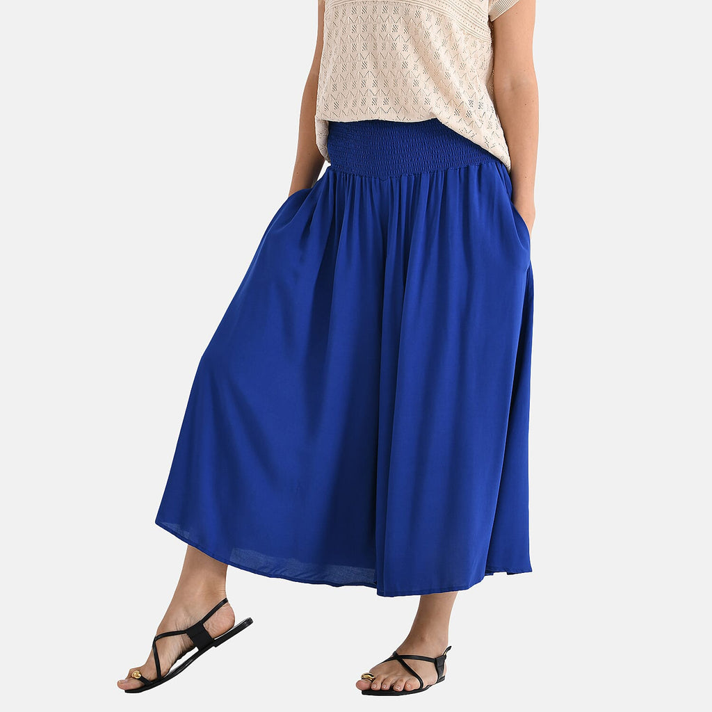 Tamsy Womens Viscose Wide Leg Smocked Waist Culottes (One Size - 20inch Inside leg) - Blue
