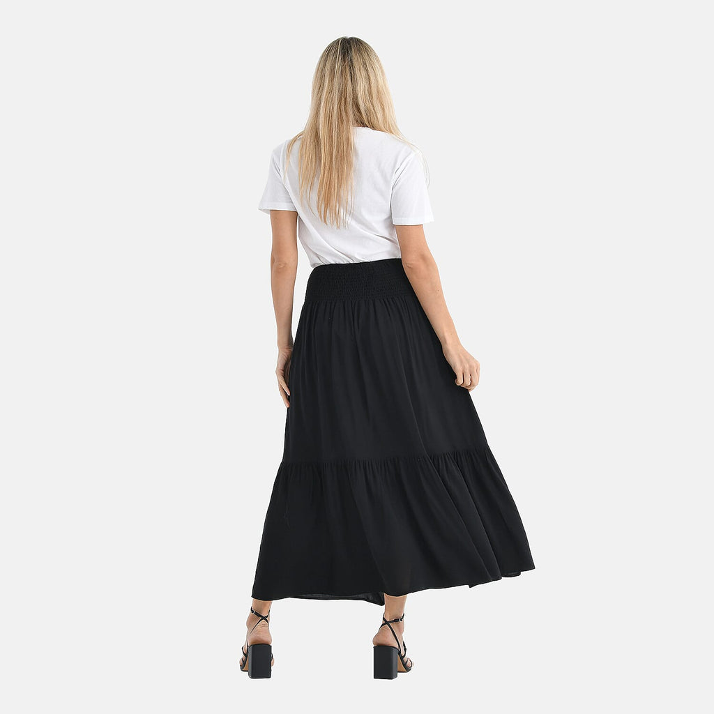 Tamsy 100% Viscose Elastic Waist Summer Maxi Skirts (One Size) - Black