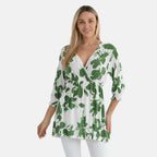 Tamsy Floral Print Smocked Waist V-Neck Top (One Size) - Green
