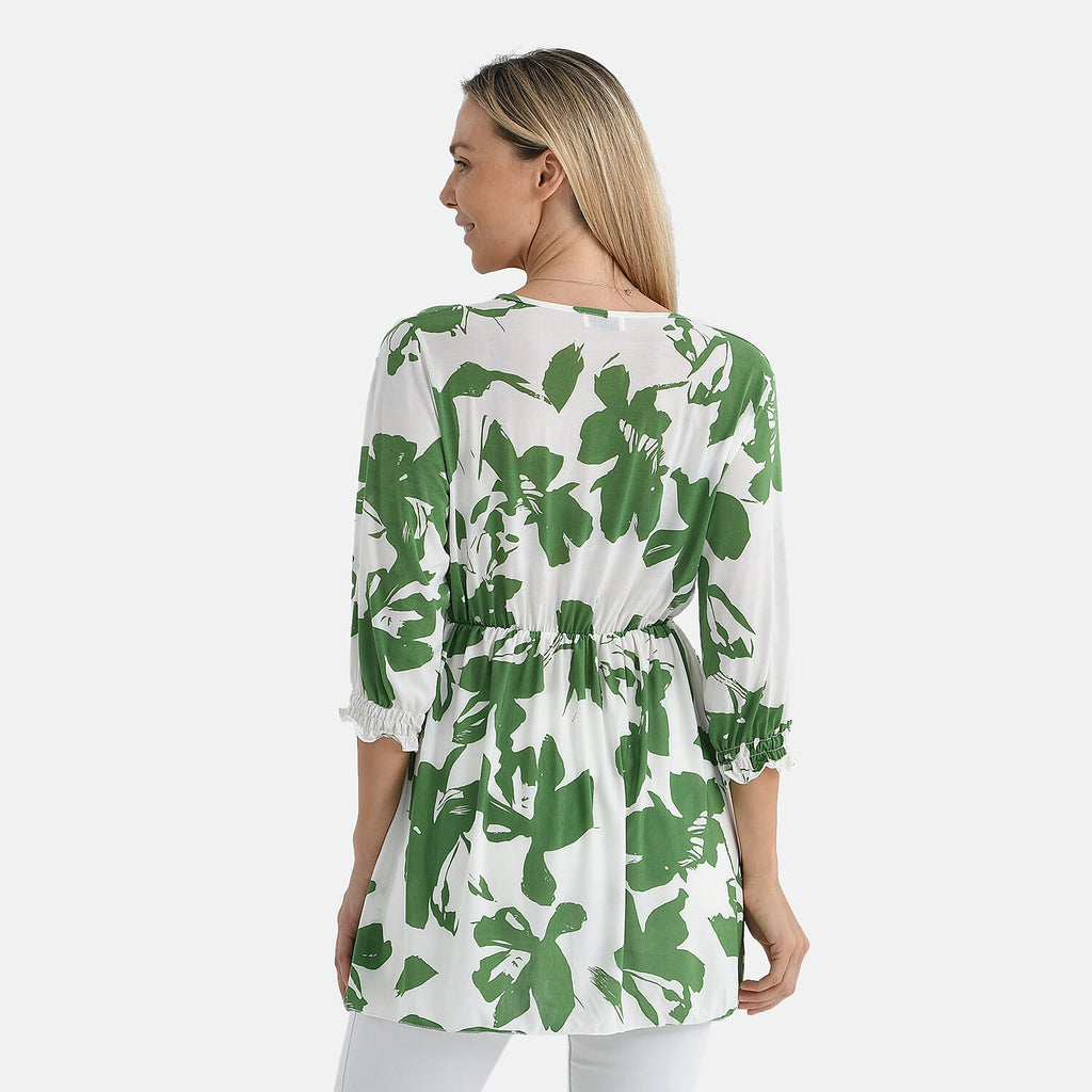 Tamsy Floral Print Smocked Waist V-Neck Top (One Size) - Green