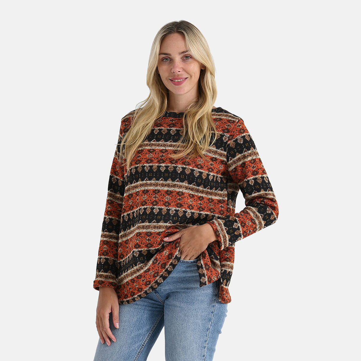 Super Cozy Tamsy Brush Stretch Jersey Jumper (One Size) - Orange, Black &amp; Brown V32358640 3