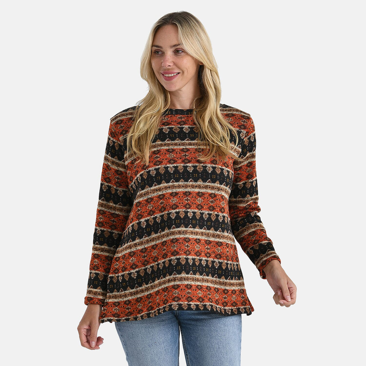 Super Cozy Tamsy Brush Stretch Jersey Jumper (One Size) - Orange, Black &amp; Brown V32358640 4