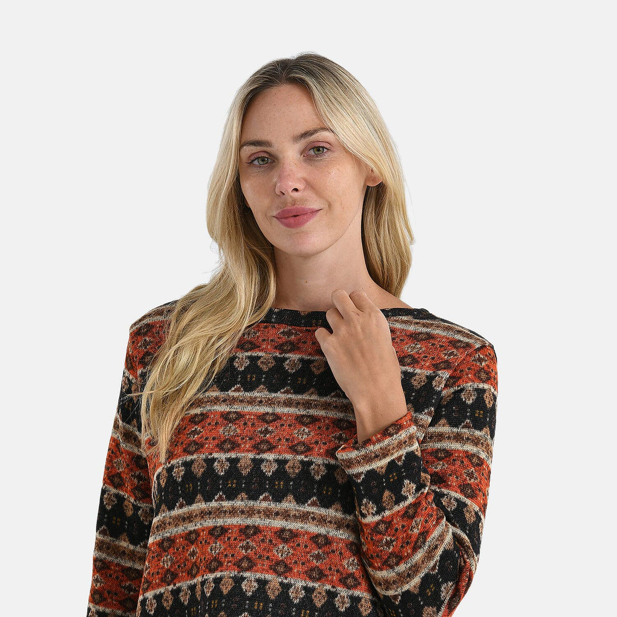 Super Cozy Tamsy Brush Stretch Jersey Jumper (One Size) - Orange, Black &amp; Brown V32358640 5