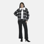 Tamsy Plaid Pattern Coat with Faux Fur Collar (Size XXL) - Black and White