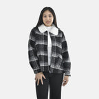 Tamsy Plaid Pattern Coat with Faux Fur Collar (Size XXL) - Black and White