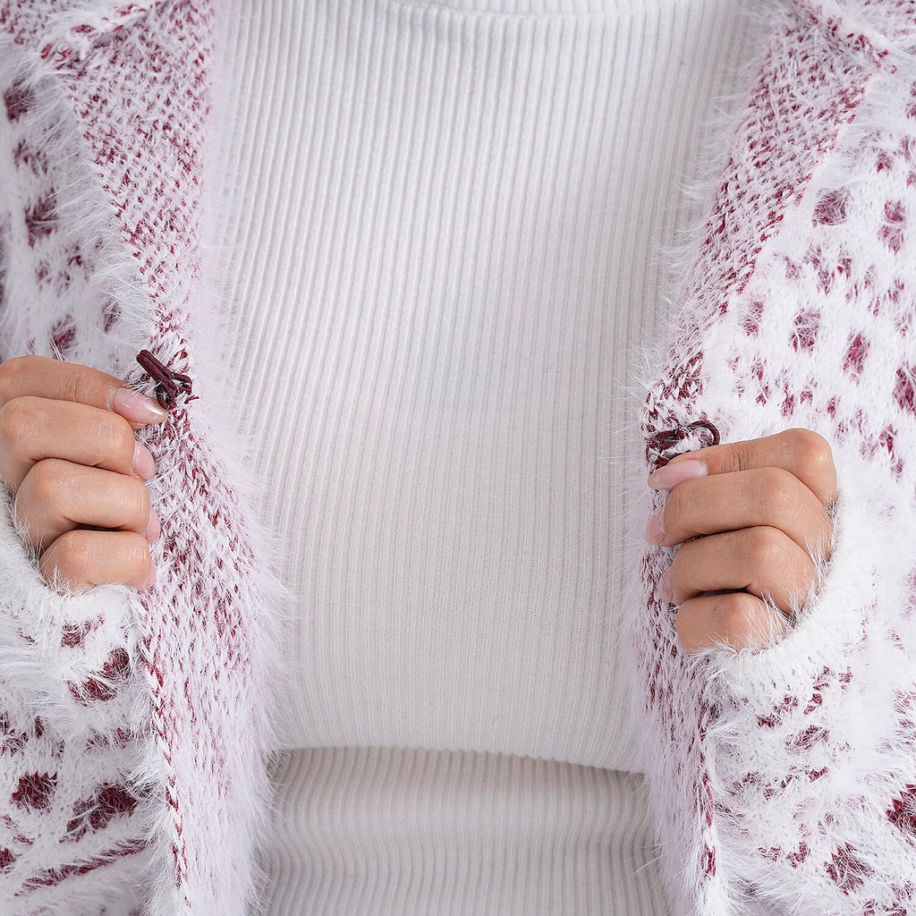 Tamsy Plush Winter Hooded Cardigan with Pockets (Free Size 8-20) - Red and White