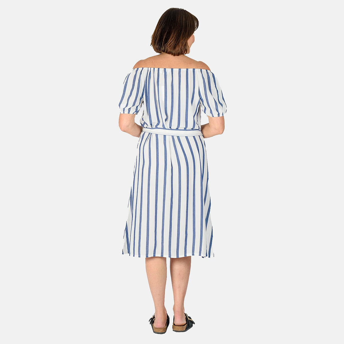 Tamsy 100% Cotton Y-D Stripe Dress With Waist Belt (Size L) - Blue &amp; Off White 7561475 3