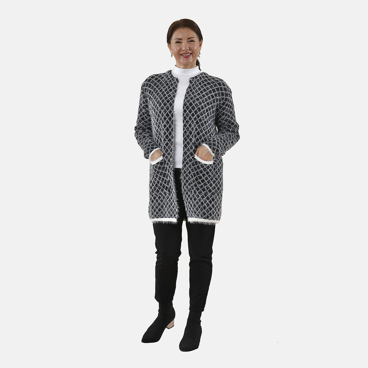 Tamsy Geometric Pattern Cardigan and Sweater/Jumper (Size Free 8-20 ) - Black and White 8861089 0