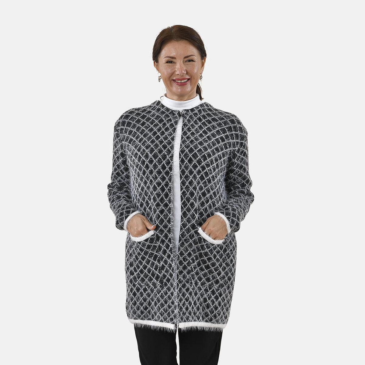Tamsy Geometric Pattern Cardigan and Sweater/Jumper (Size Free 8-20 ) - Black and White 8861089 4