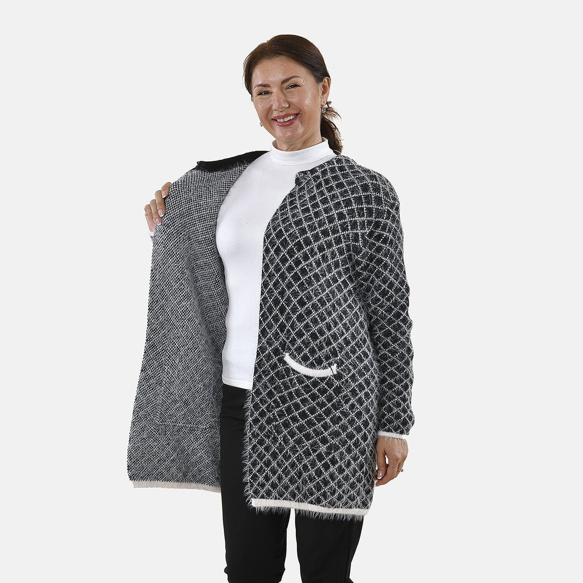 Tamsy Geometric Pattern Cardigan and Sweater/Jumper (Size Free 8-20 ) - Black and White 8861089 5