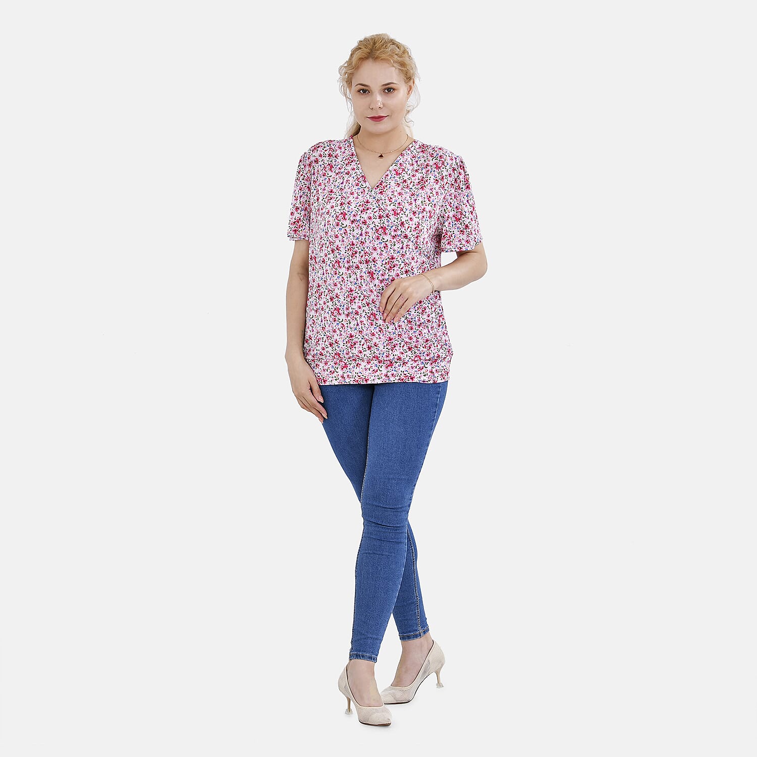 TAMSY Floral Pattern V-Neck Top (Size M-L) - Pink 7758995 0