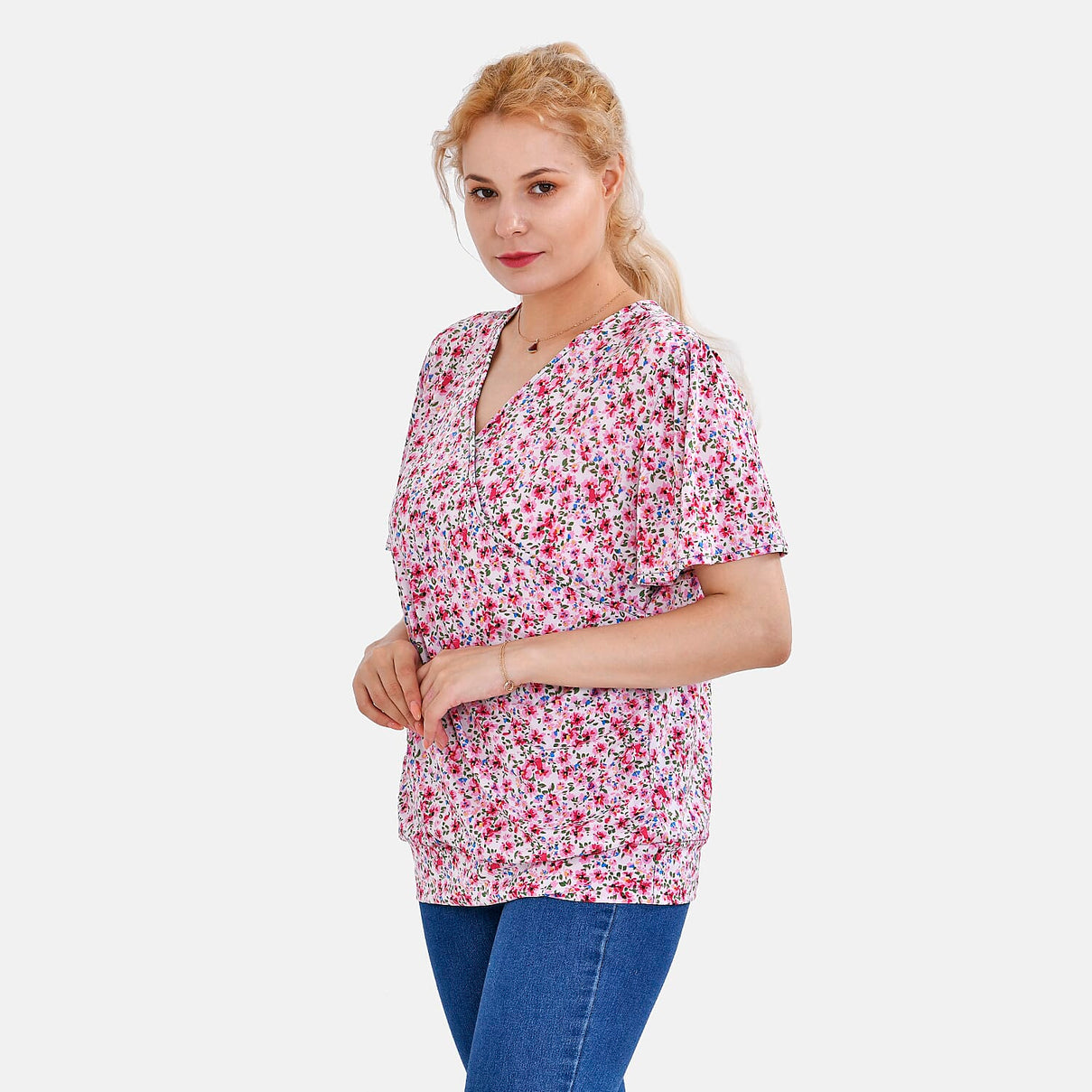 TAMSY Floral Pattern V-Neck Top (Size M-L) - Pink 7758995 3