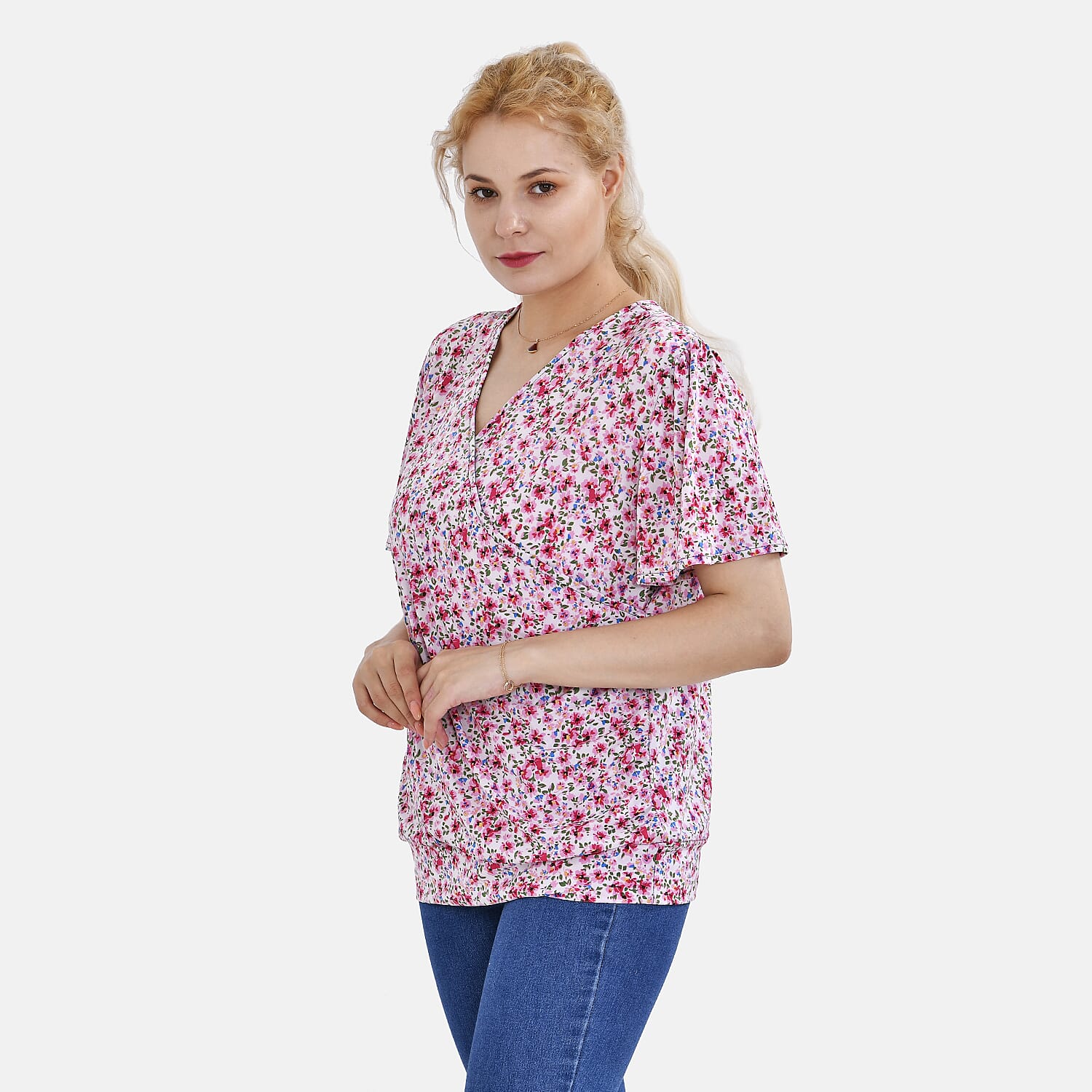 TAMSY Floral Pattern V-Neck Top (Size M-L) - Pink 7758995 3