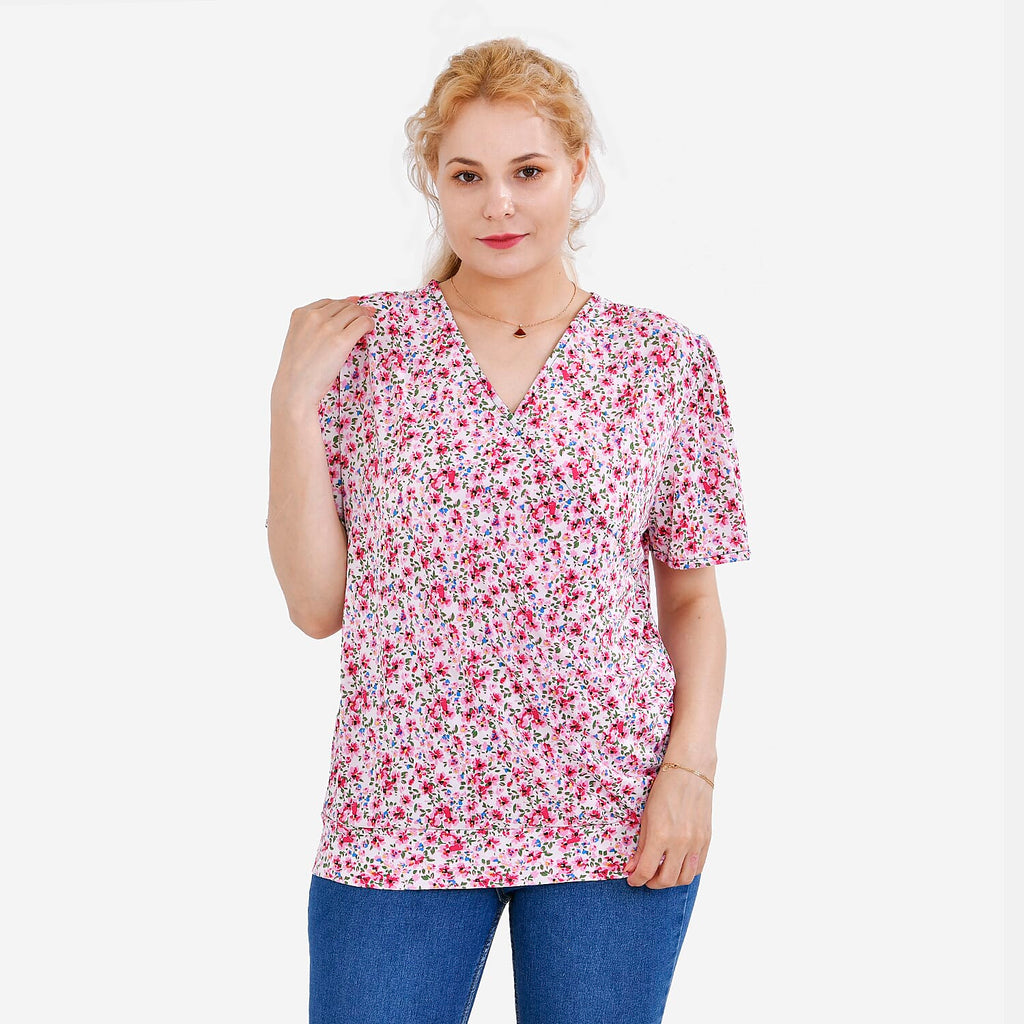 TAMSY Floral Pattern V-Neck Top (Size M-L) - Pink