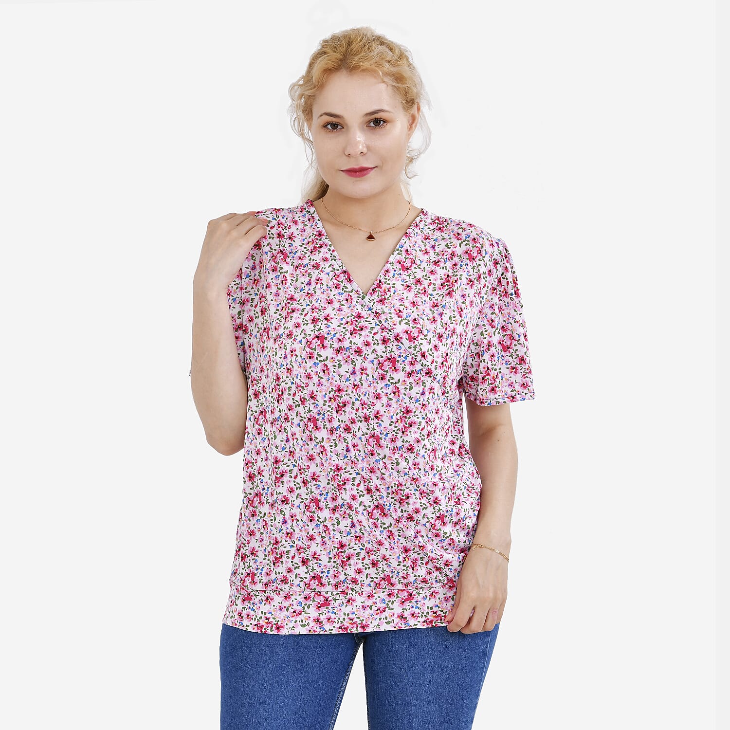 TAMSY Floral Pattern V-Neck Top (Size M-L) - Pink 7758995 4