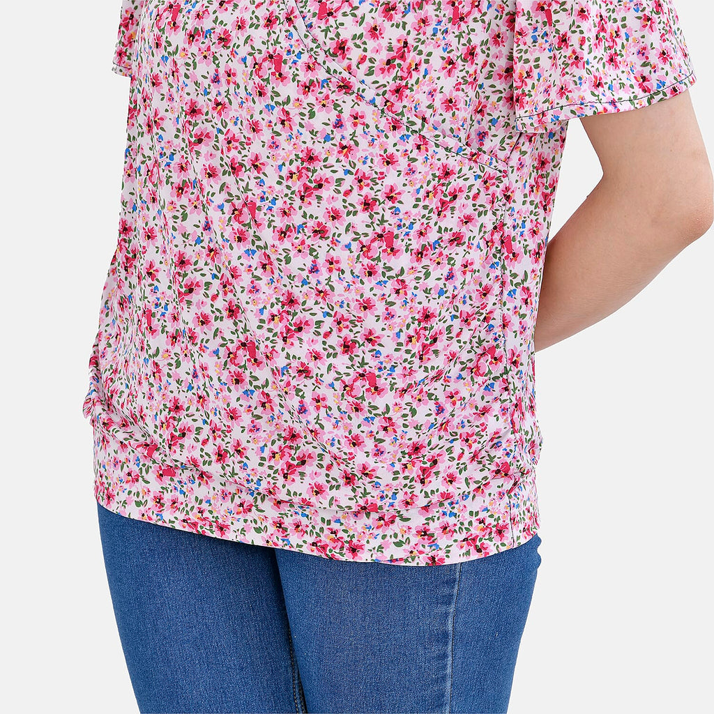 TAMSY Floral Pattern V-Neck Top (Size M-L) - Pink