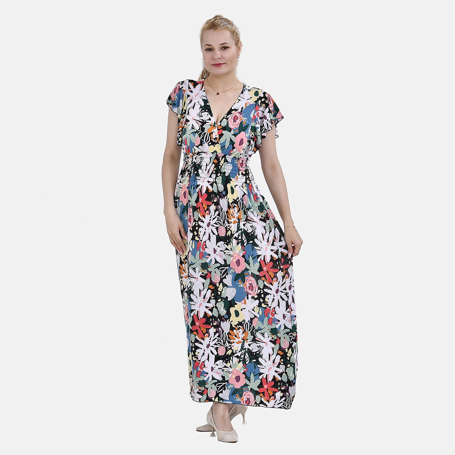 Tamsy Flutter Sleeves Smocked Midi Dress with Colourful Flowers 7692842 0