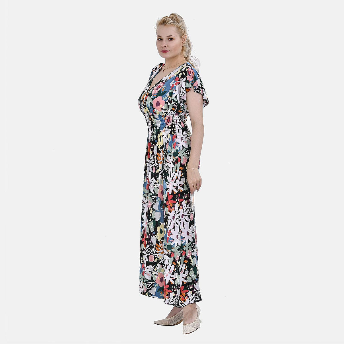 Tamsy Flutter Sleeves Smocked Midi Dress with Colourful Flowers 7692842 2