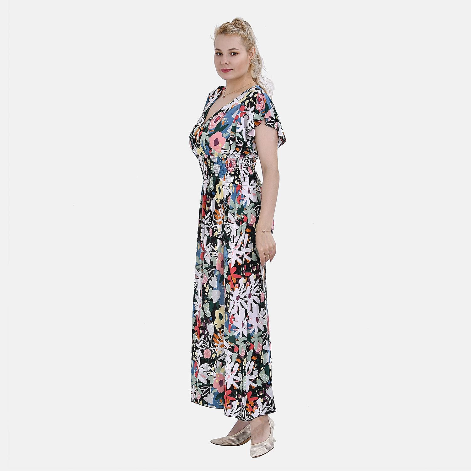 Tamsy Flutter Sleeves Smocked Midi Dress with Colourful Flowers 7692842 2