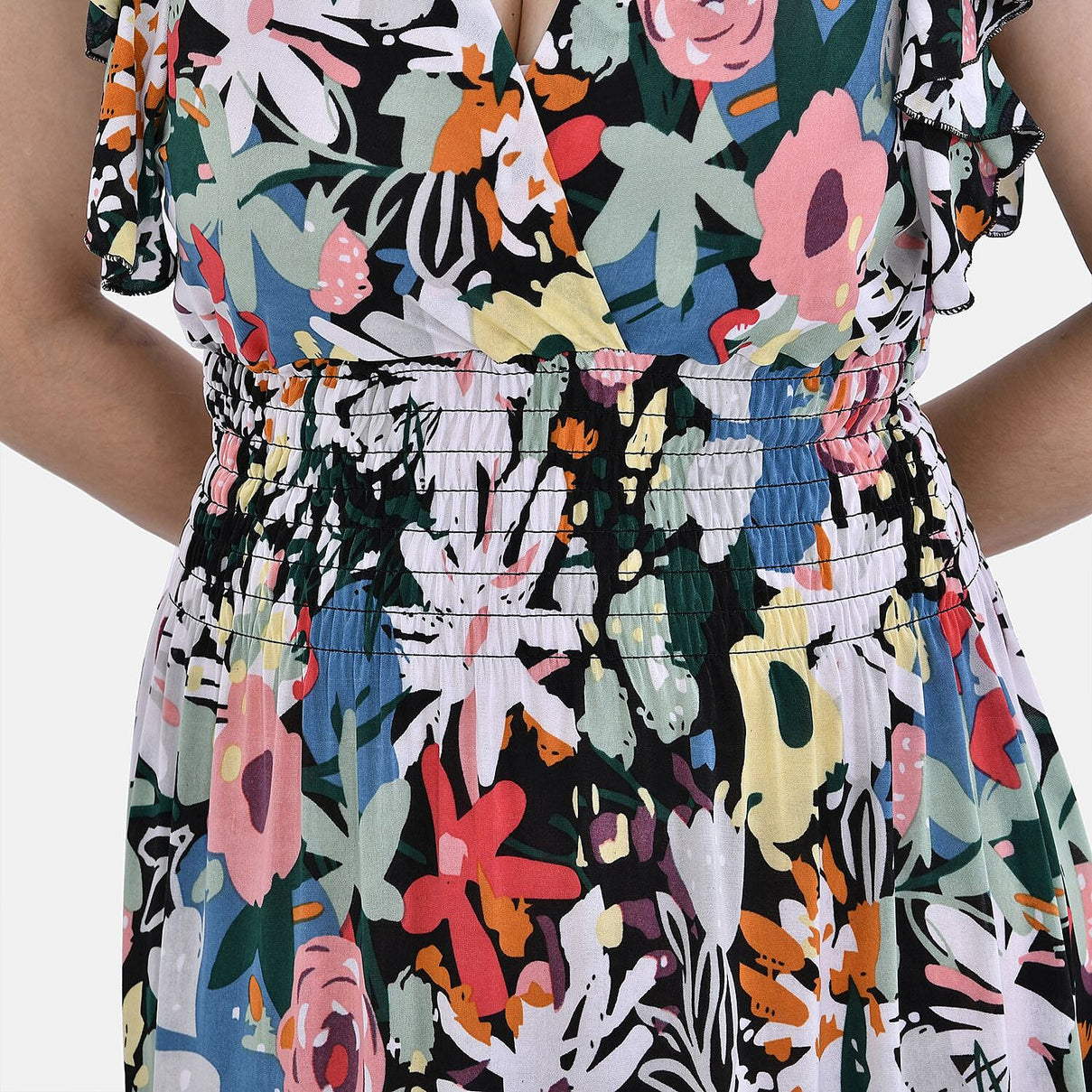 Tamsy Flutter Sleeves Smocked Midi Dress with Colourful Flowers 7692842 5