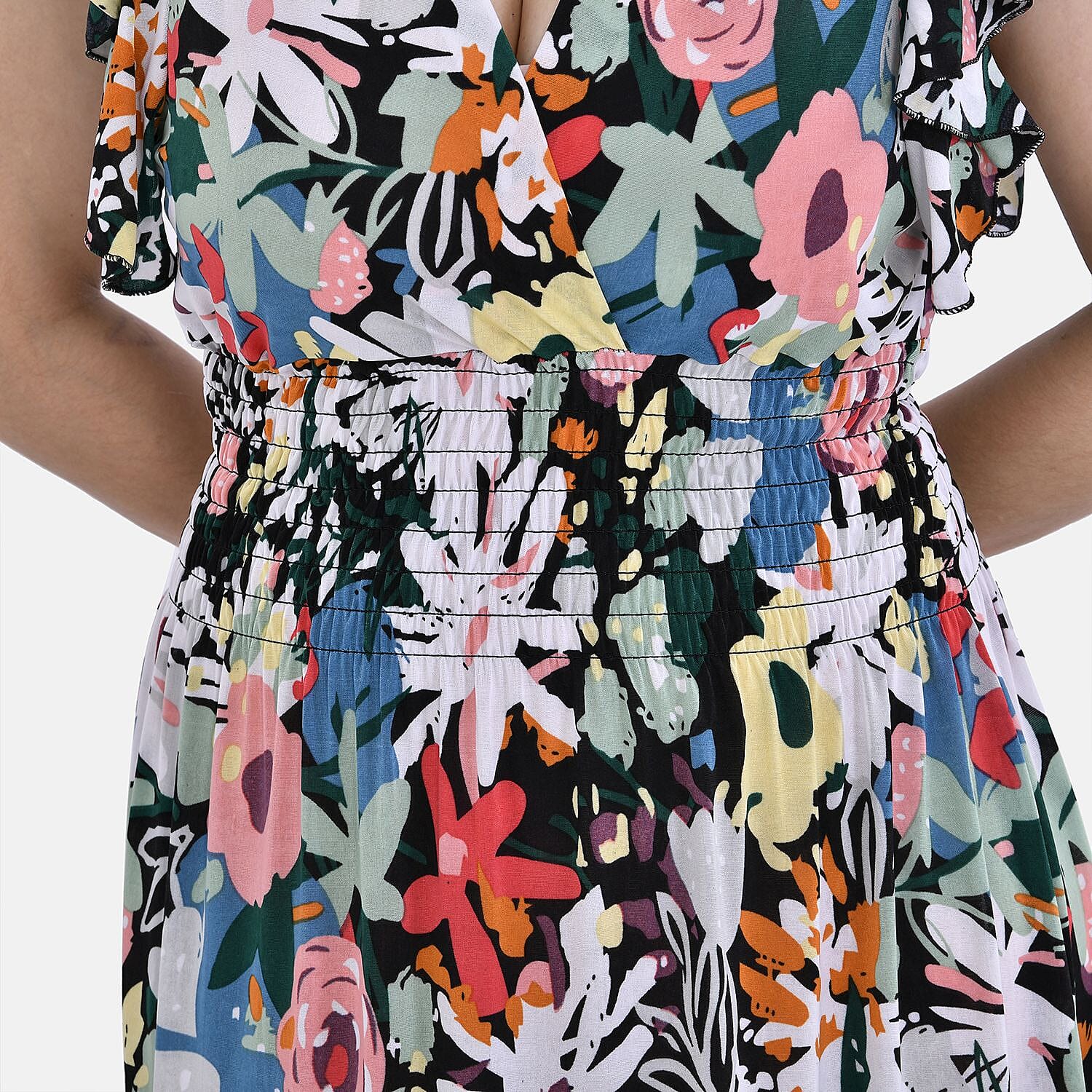 Tamsy Flutter Sleeves Smocked Midi Dress with Colourful Flowers 7692842 5