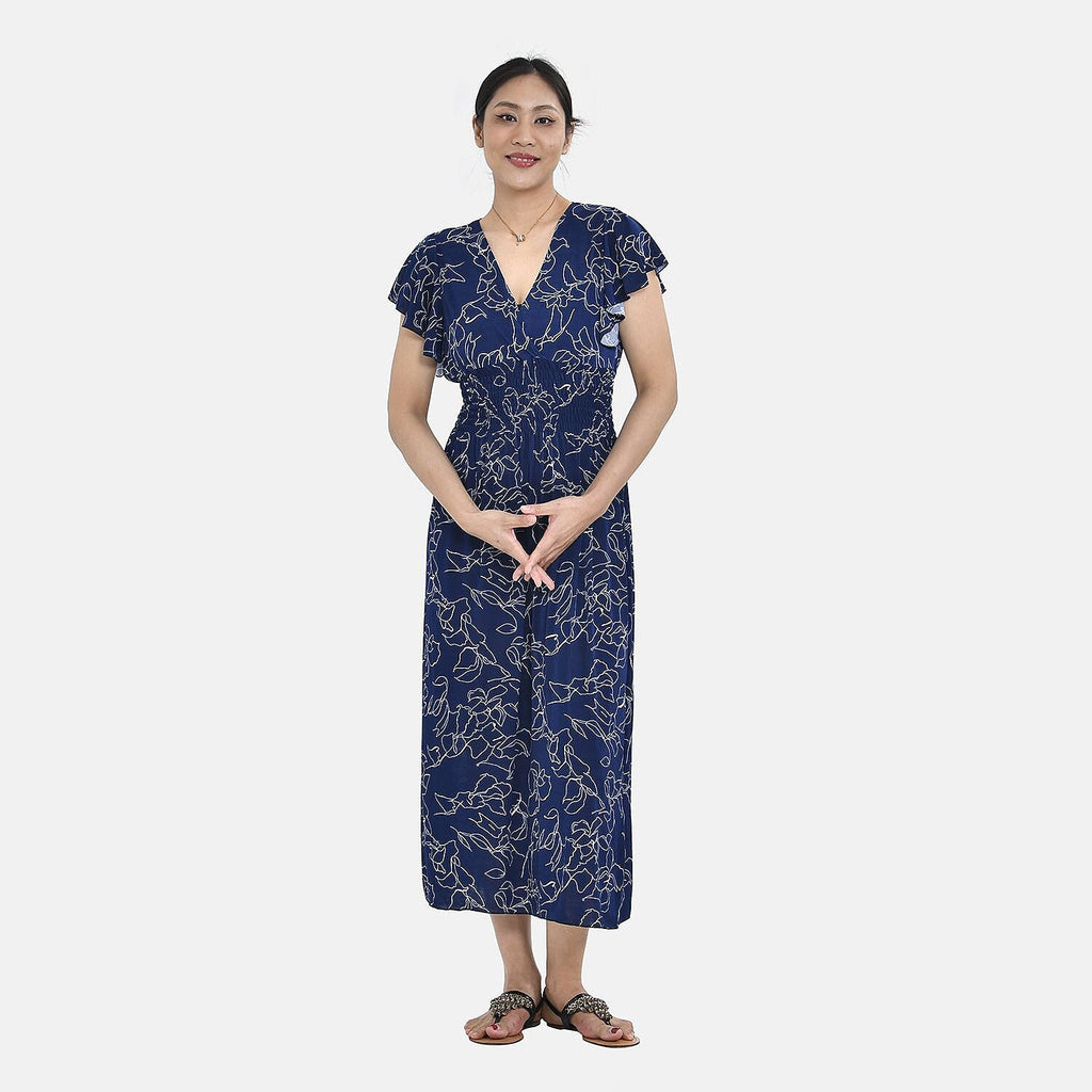 Tamsy Floral Pattern Flutter Sleeves Smocked Midi Dress (One Size 18-24) - Navy and White