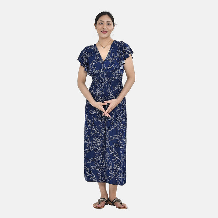 TAMSY Floral Pattern Flutter Sleeves Smocked Midi Dress  - Navy and White 7283585 1