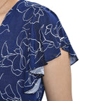 Tamsy Floral Pattern Flutter Sleeves Smocked Midi Dress (One Size 18-24) - Navy and White