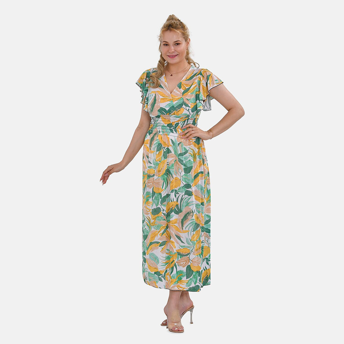 Tamsy Flutter Sleeves Floral Pattern Smocked Midi Dress 7722705 0