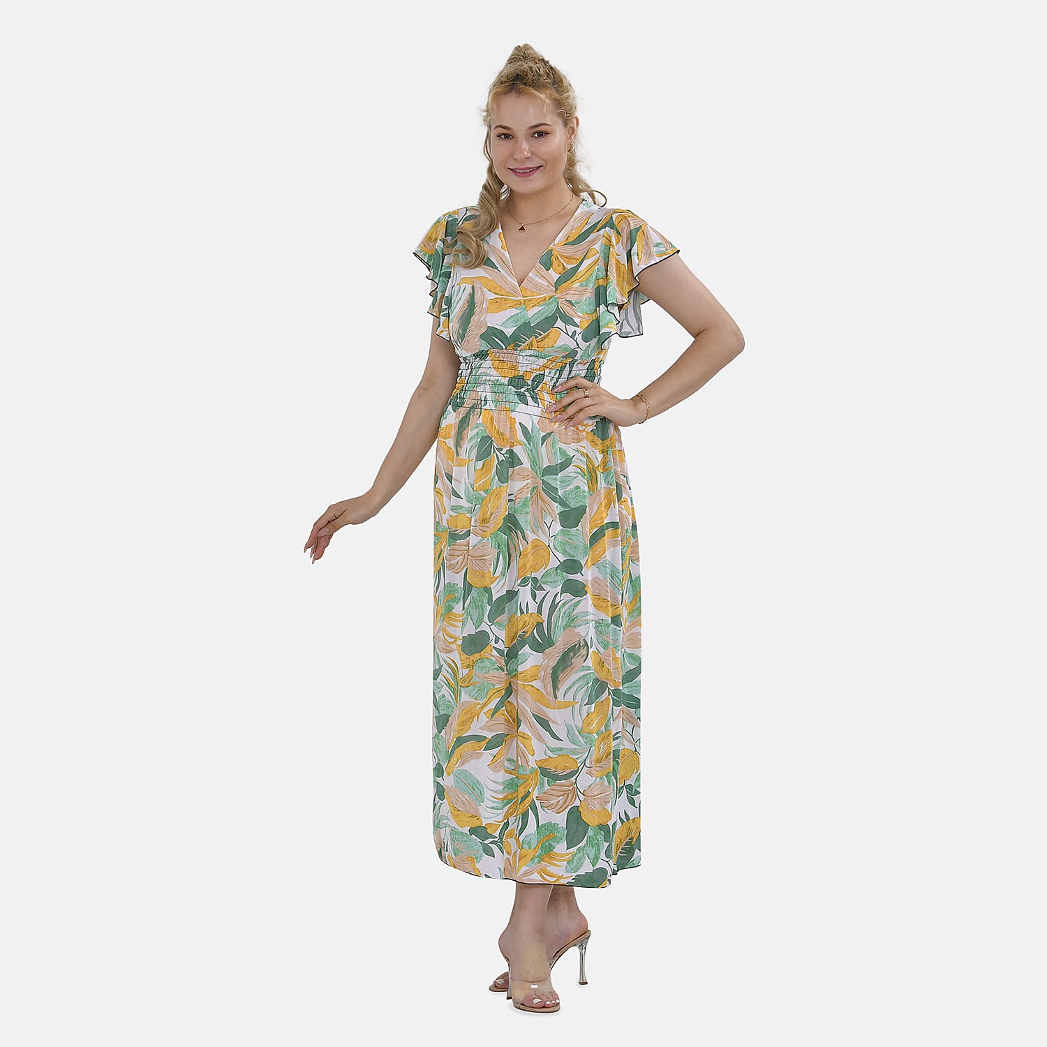 Tamsy Flutter Sleeves Floral Pattern Smocked Midi Dress 7722705 0