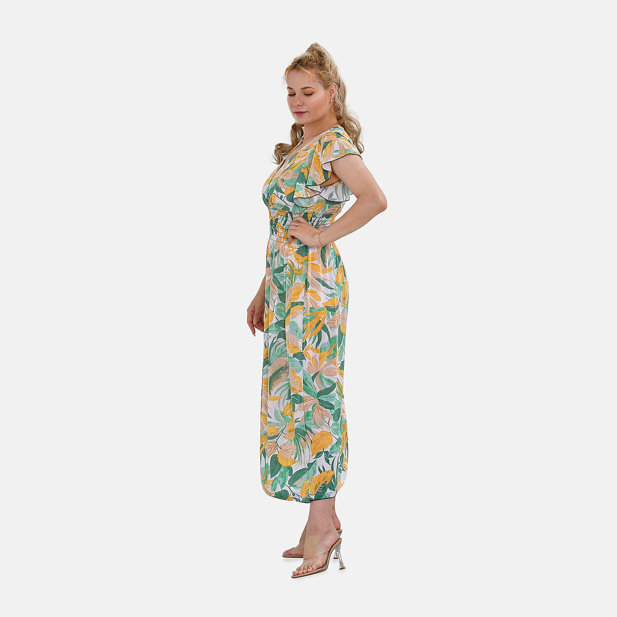 Tamsy Flutter Sleeves Floral Pattern Smocked Midi Dress 7722705 3