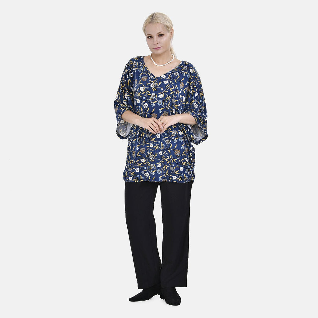 TAMSY Black Boat Neck Floral Printed Knit Drape Top (One Size uptop XL) - Navy Blue - White