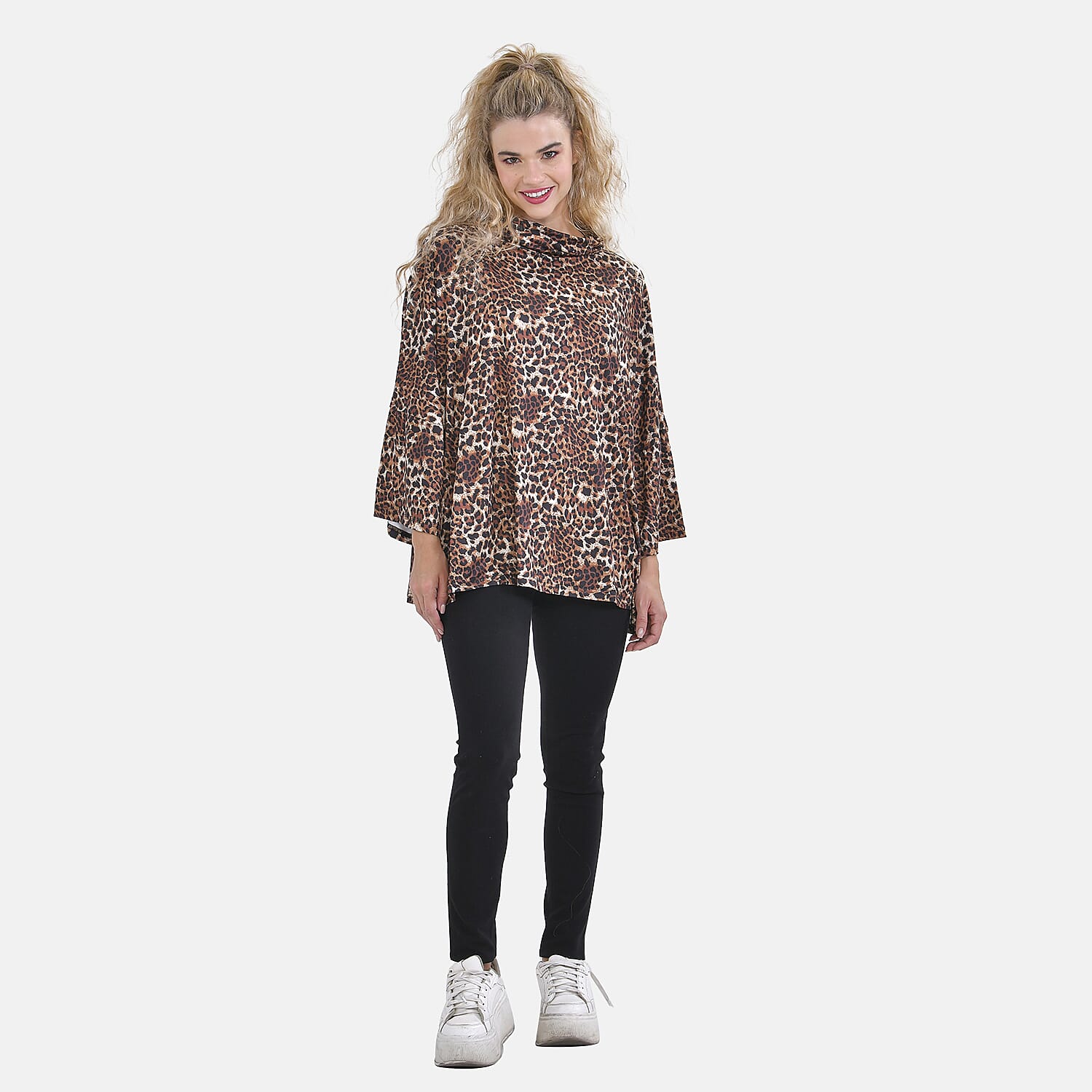 Leopard Print Stretchable Jersey Top with Stacked Collar (One Size Curve 20-26) - Beige 7617400 0