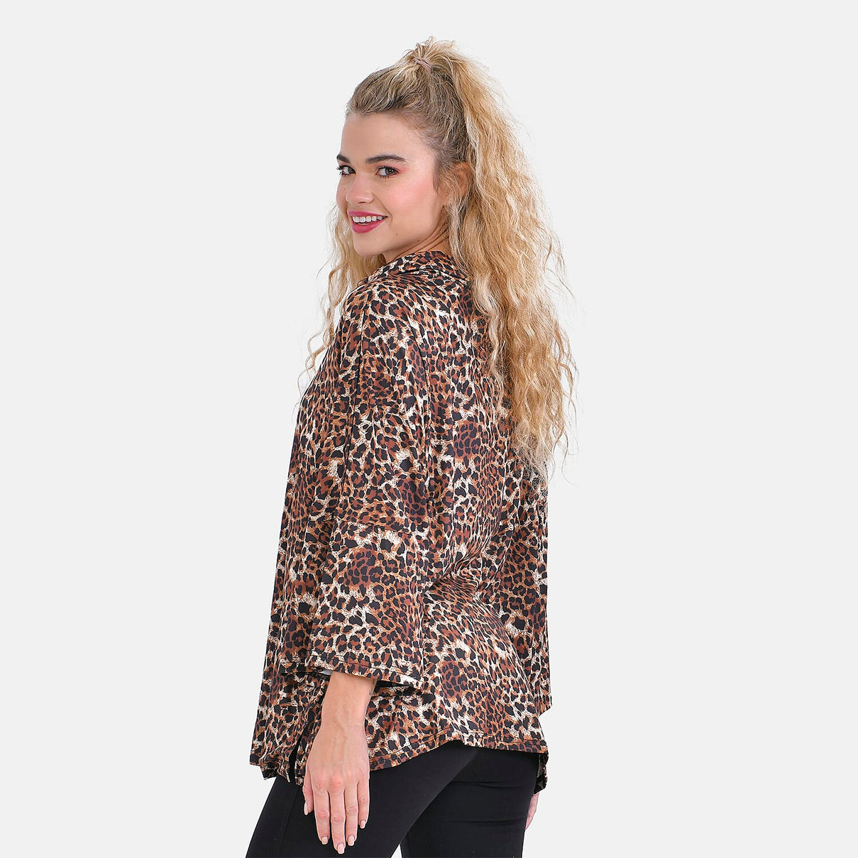 Leopard Print Stretchable Jersey Top with Stacked Collar (One Size Curve 20-26) - Beige 7617400 2