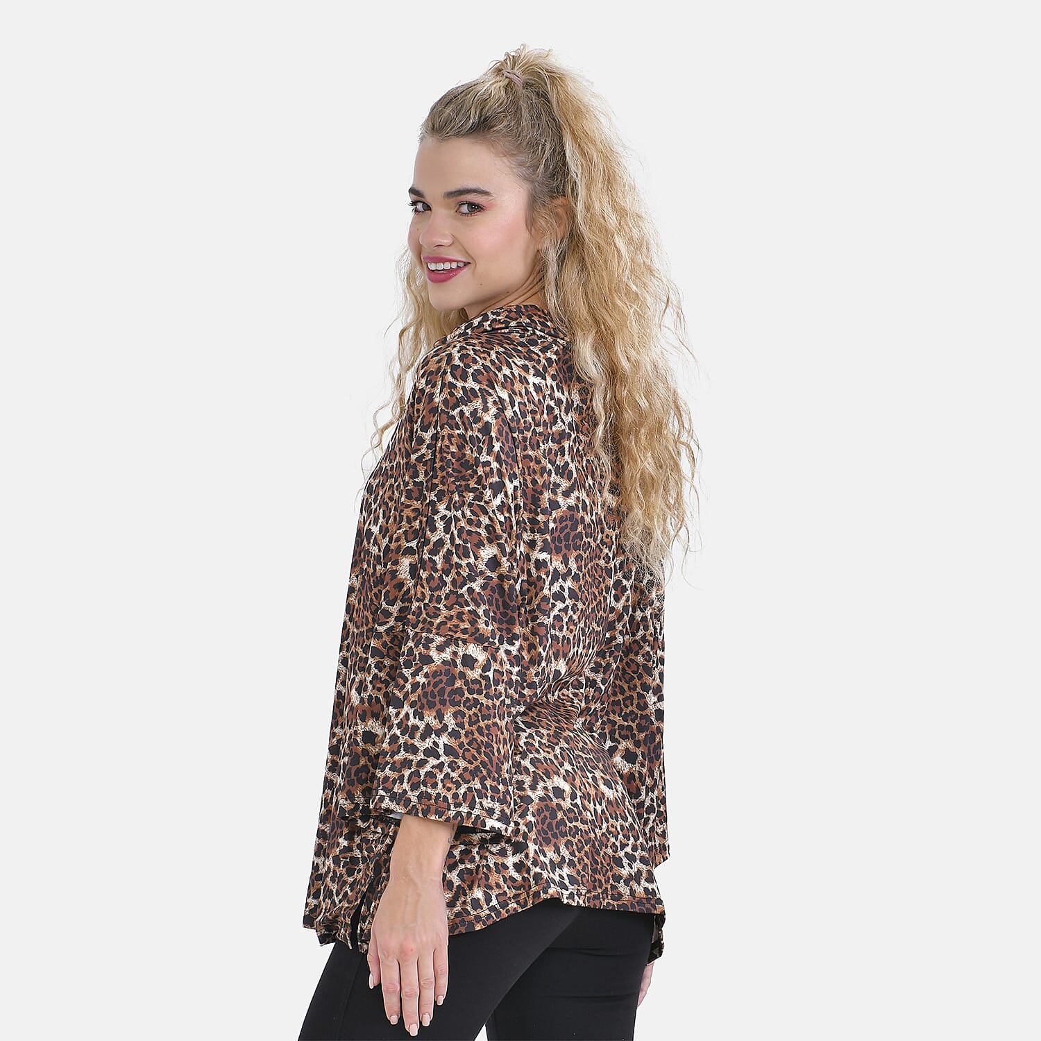 Leopard Print Stretchable Jersey Top with Stacked Collar (One Size Curve 20-26) - Beige 7617400 2