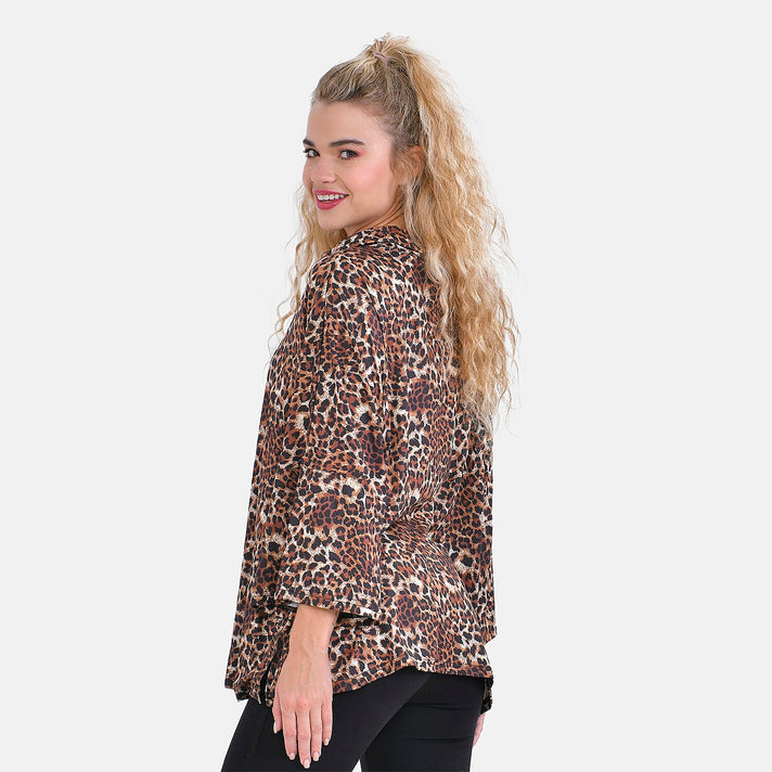 Leopard Print Stretchable Jersey Top with Stacked Collar (One Size Curve 20-26) - Beige 7617400 2