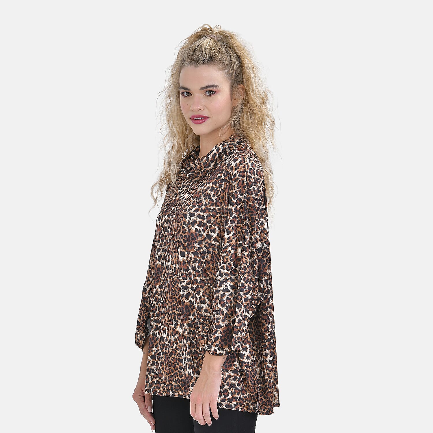 Leopard Print Stretchable Jersey Top with Stacked Collar (One Size Curve 20-26) - Beige 7617400 3