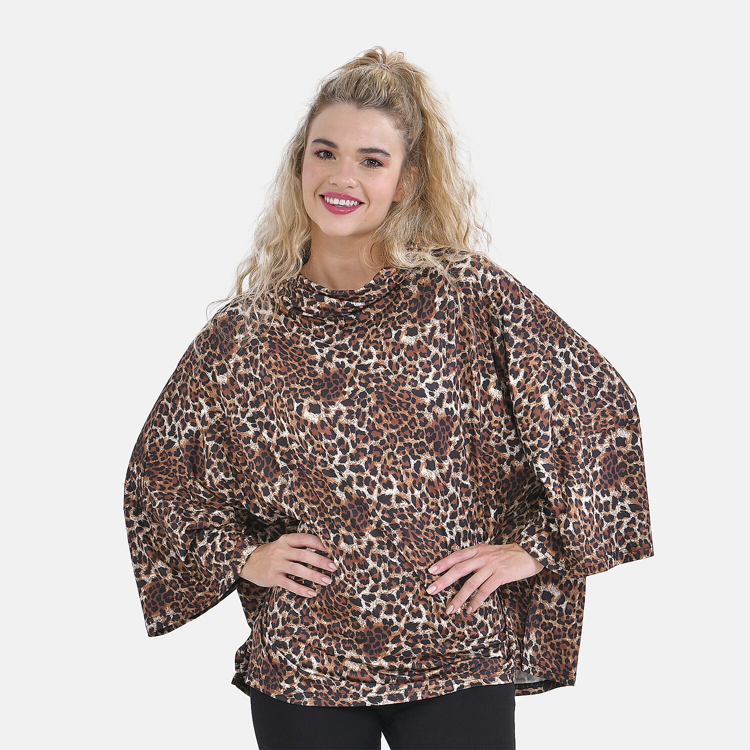 Leopard Print Stretchable Jersey Top with Stacked Collar (One Size Curve 20-26) - Beige 7617400 4