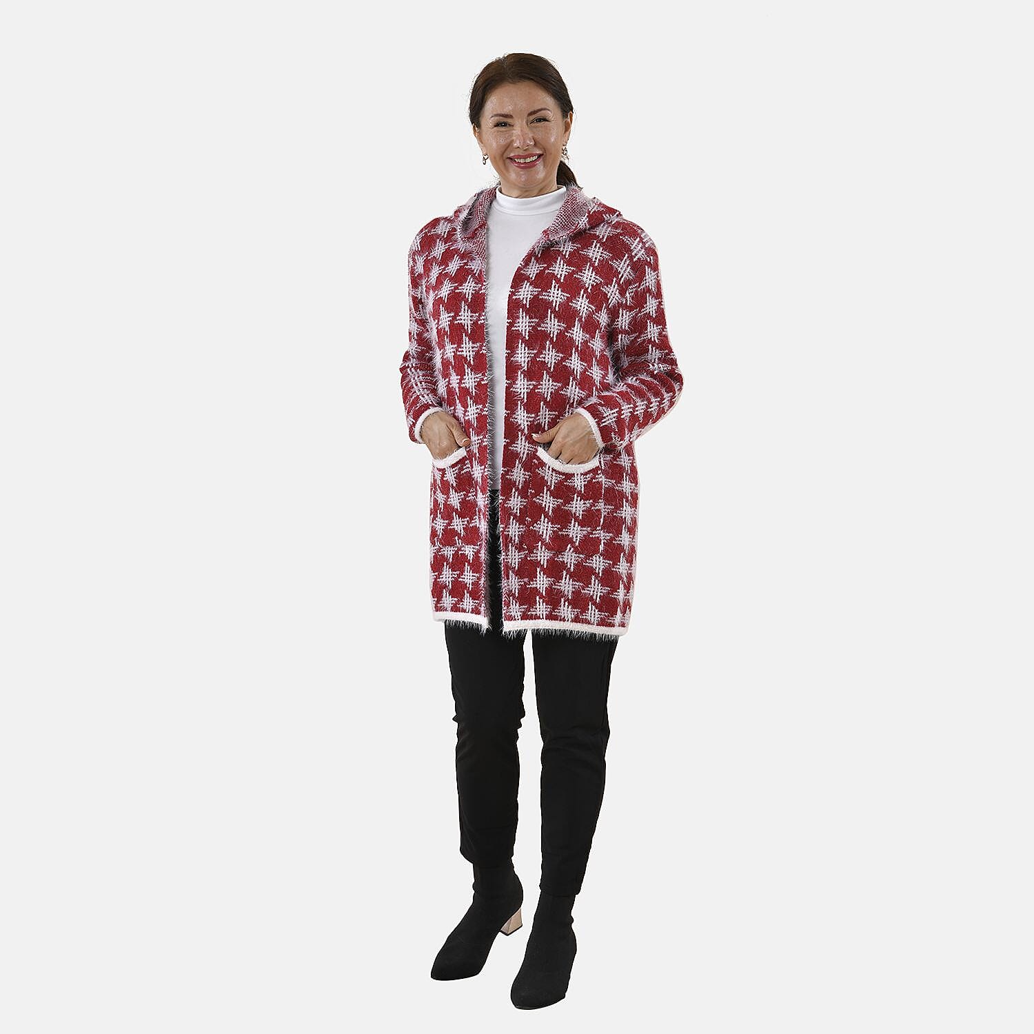 TAMSY Geometric Pattern Women's Hoodie with 2 Pockets (Size 108x80 Cm) - Pink and White 8861094 0