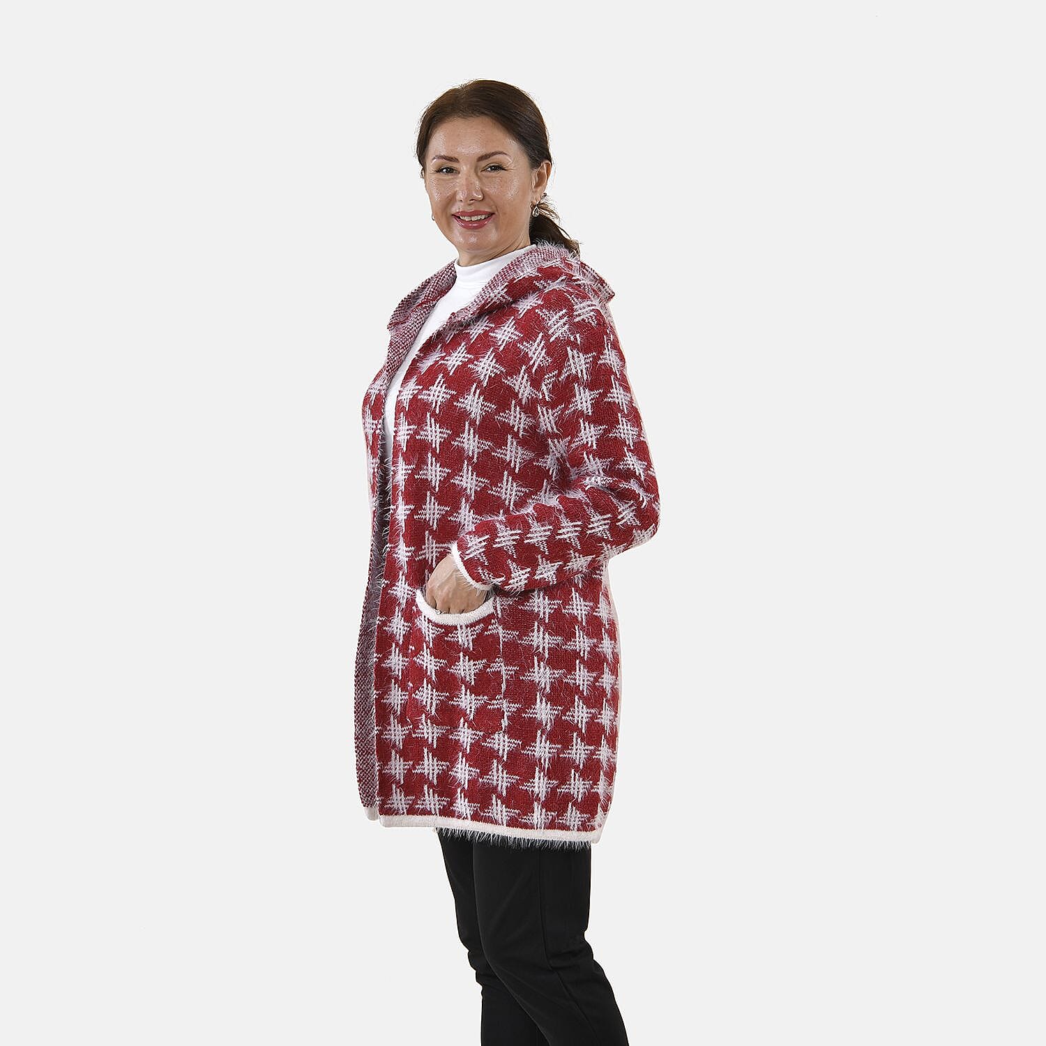 TAMSY Geometric Pattern Women's Hoodie with 2 Pockets (Size 108x80 Cm) - Pink and White 8861094 2