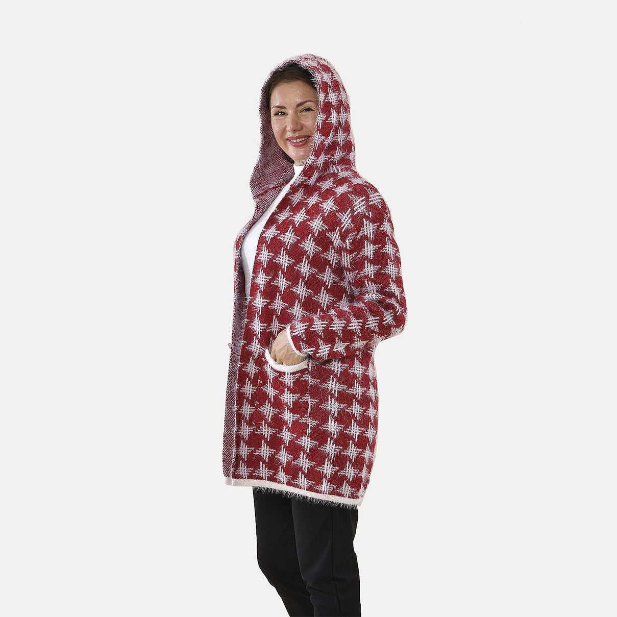 TAMSY Geometric Pattern Women's Hoodie with 2 Pockets (Size 108x80 Cm) - Pink and White 8861094 3