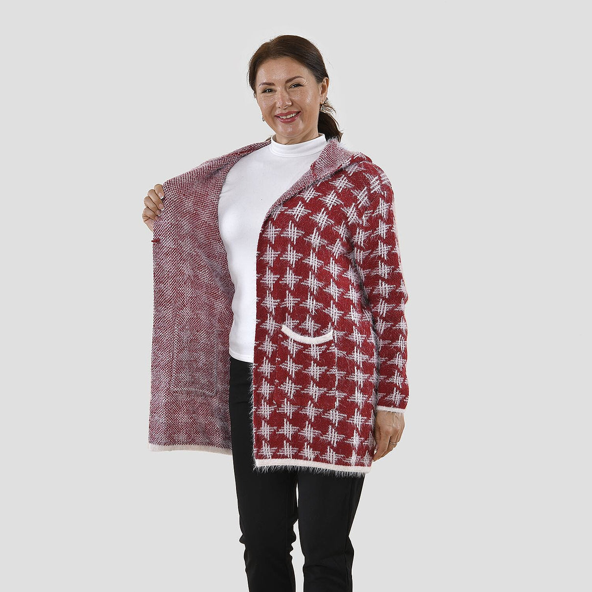 TAMSY Geometric Pattern Women's Hoodie with 2 Pockets (Size 108x80 Cm) - Pink and White 8861094 6